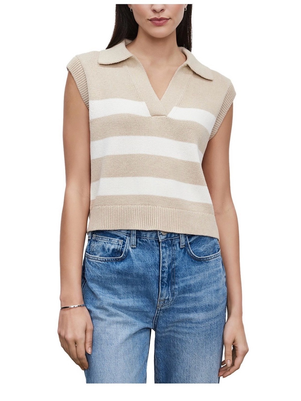 Velvet by Graham & Spencer Tan & Cream Striped V-Neck Knit Vest